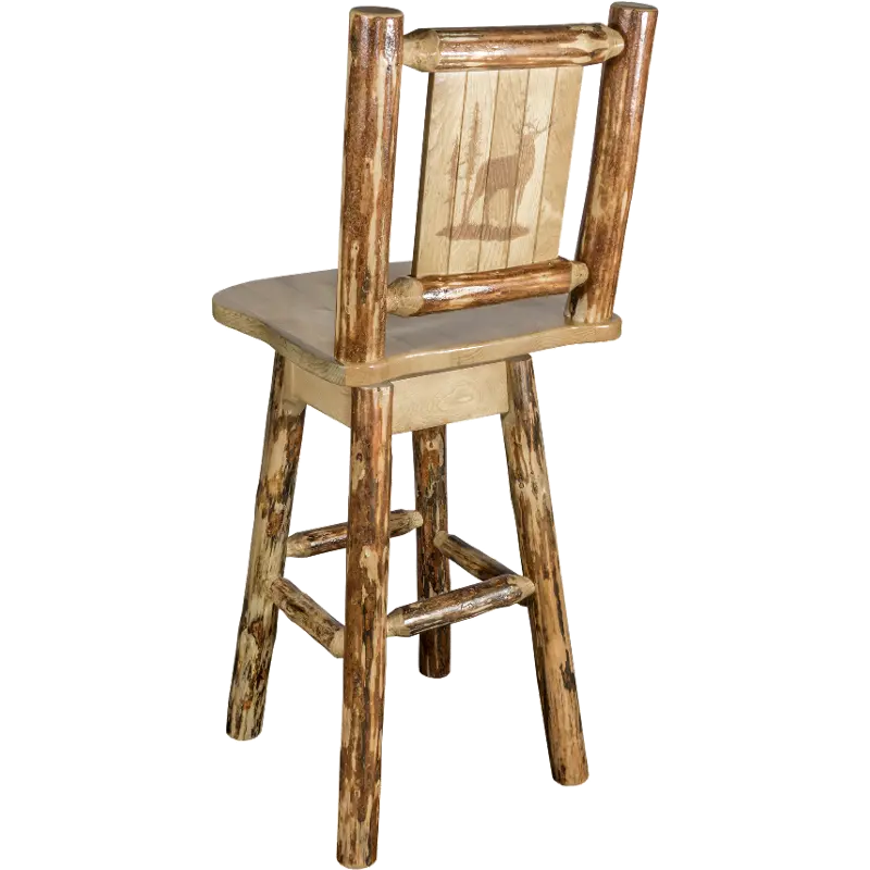 Rustic Pine Swivel Bar Stool with Laser Engraved Elk - Glacier