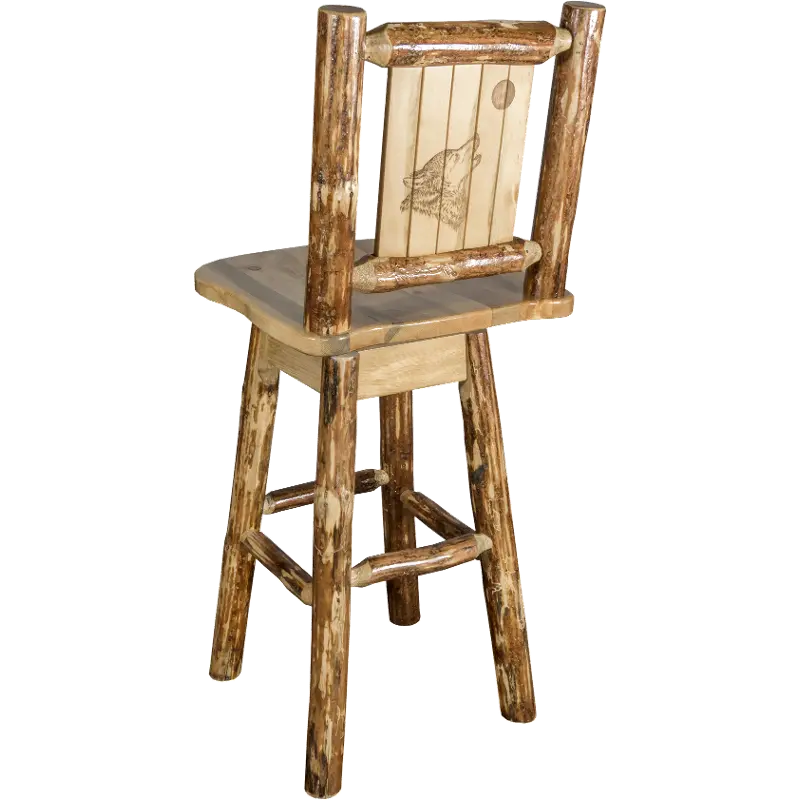 Rustic Pine Swivel Bar Stool with Laser Engraved Wolf - Glacier