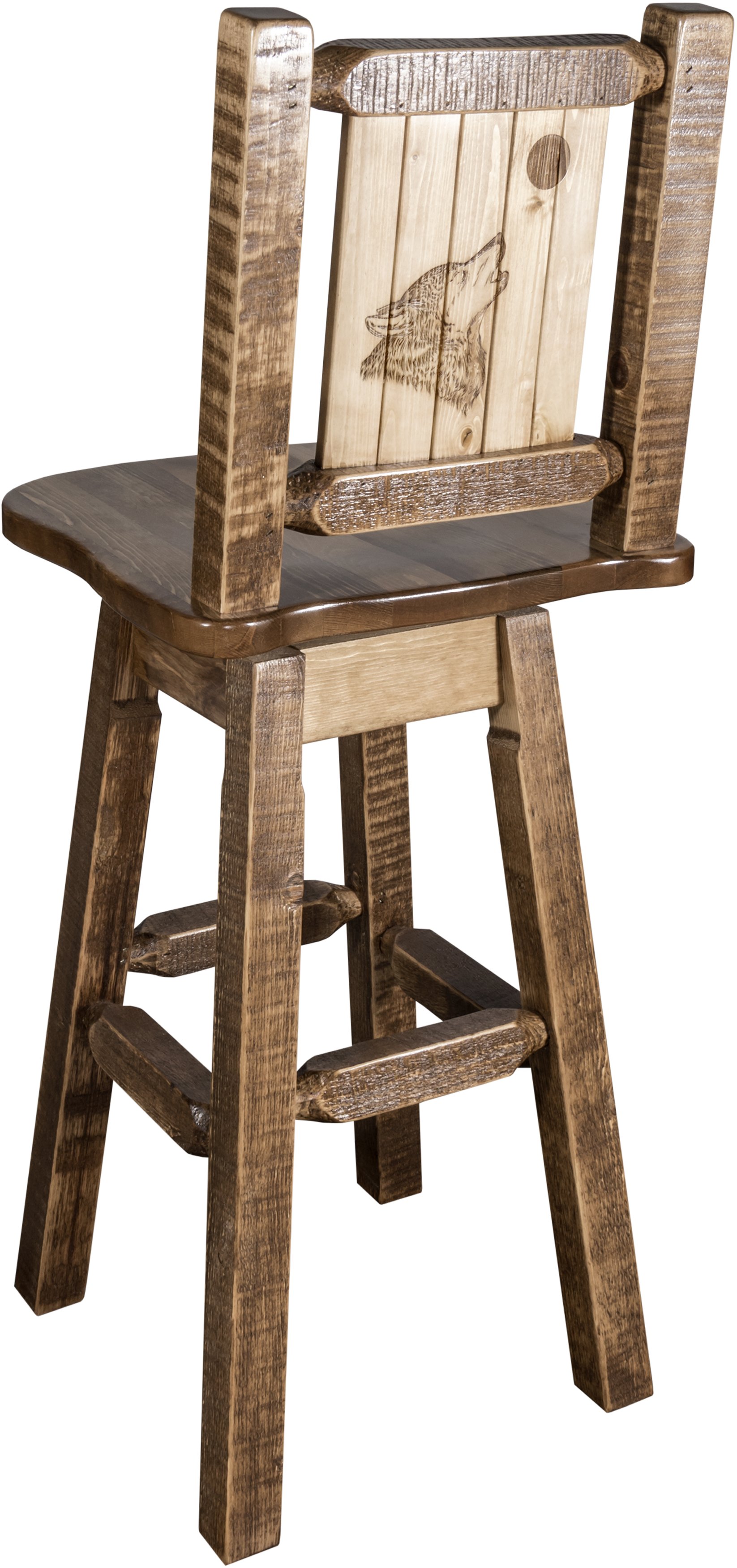 Rustic Swivel Bar Stool with Laser Engraved Wolf - Homestead-1