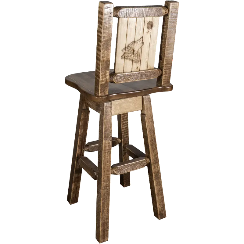 Rustic Swivel Bar Stool with Laser Engraved Wolf - Homestead