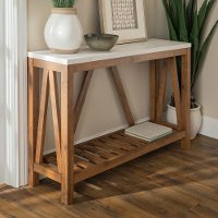 Rustic White Faux-Marble Sofa Table with Walnut Base