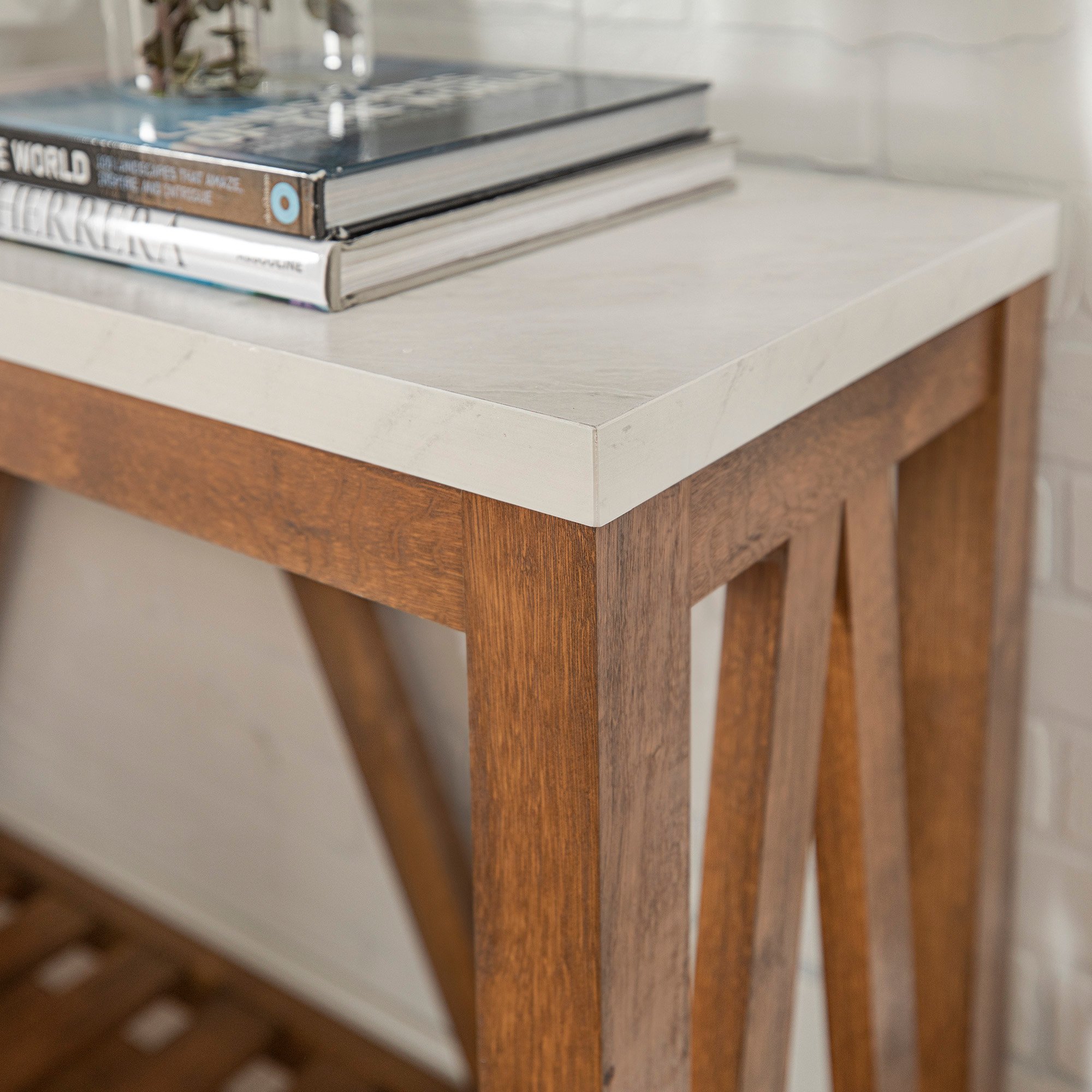 AF52AFTMNW Rustic White Faux-Marble Sofa Table with Walnut Base-2