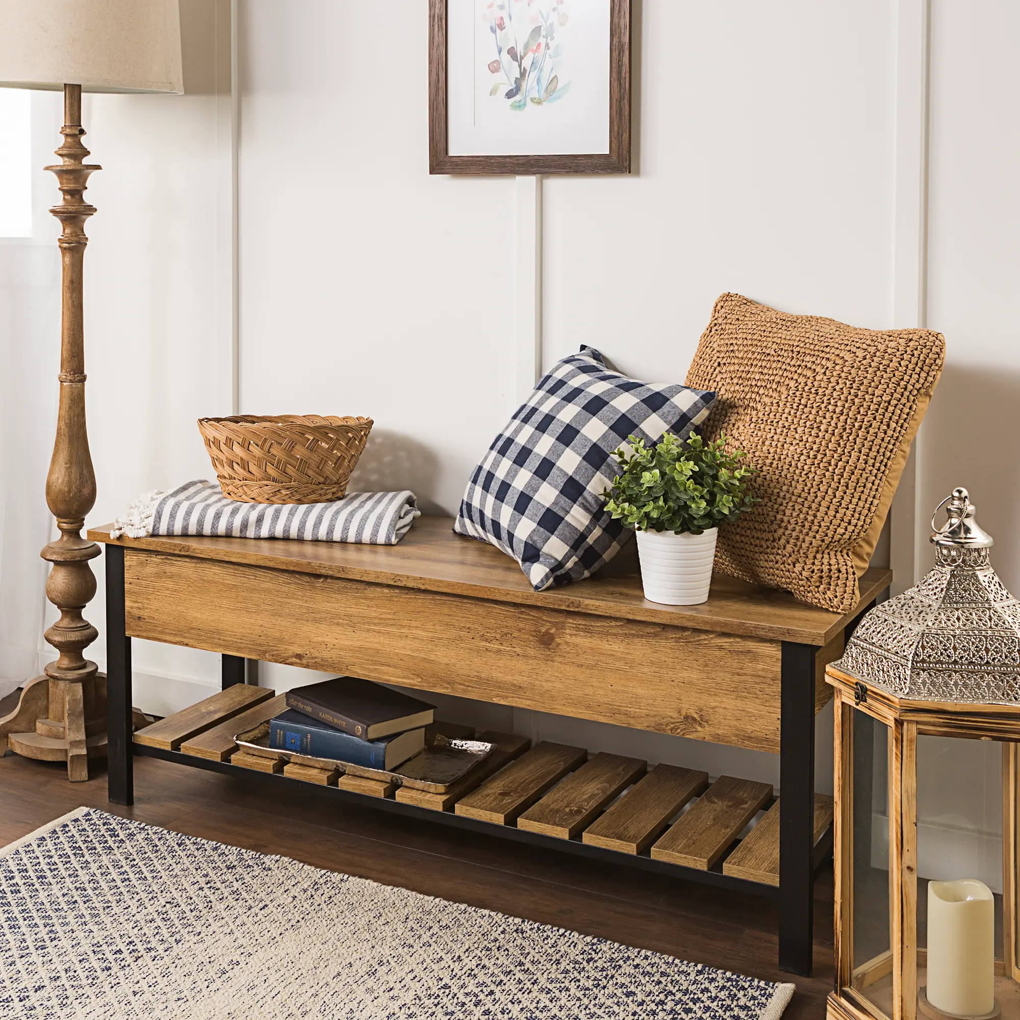 B48PCSBBW Open-Top Barnwood Storage Bench with Shoe Shelf-1