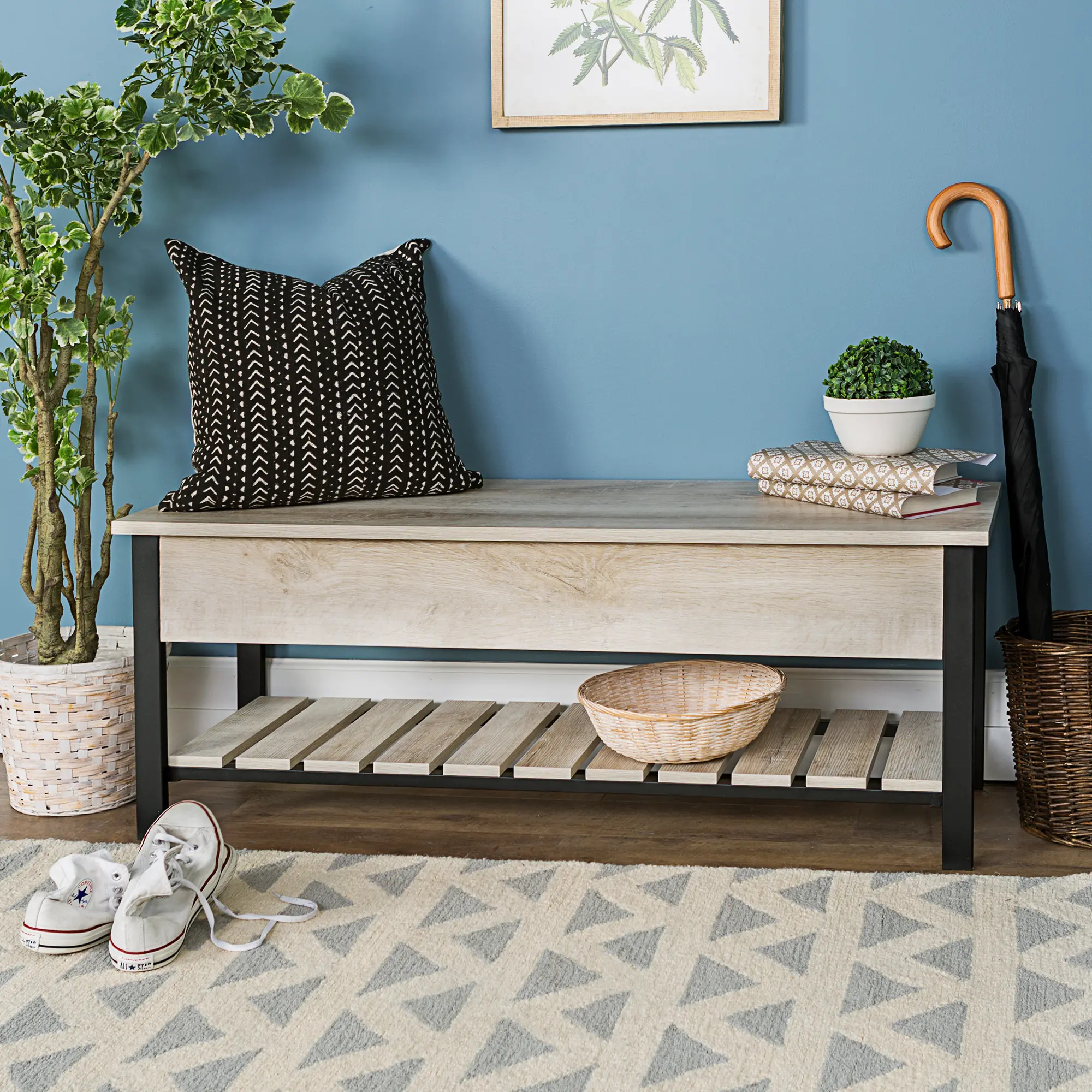 B48PCSBWO Open-Top White Oak Storage Bench with Shoe Shelf-1