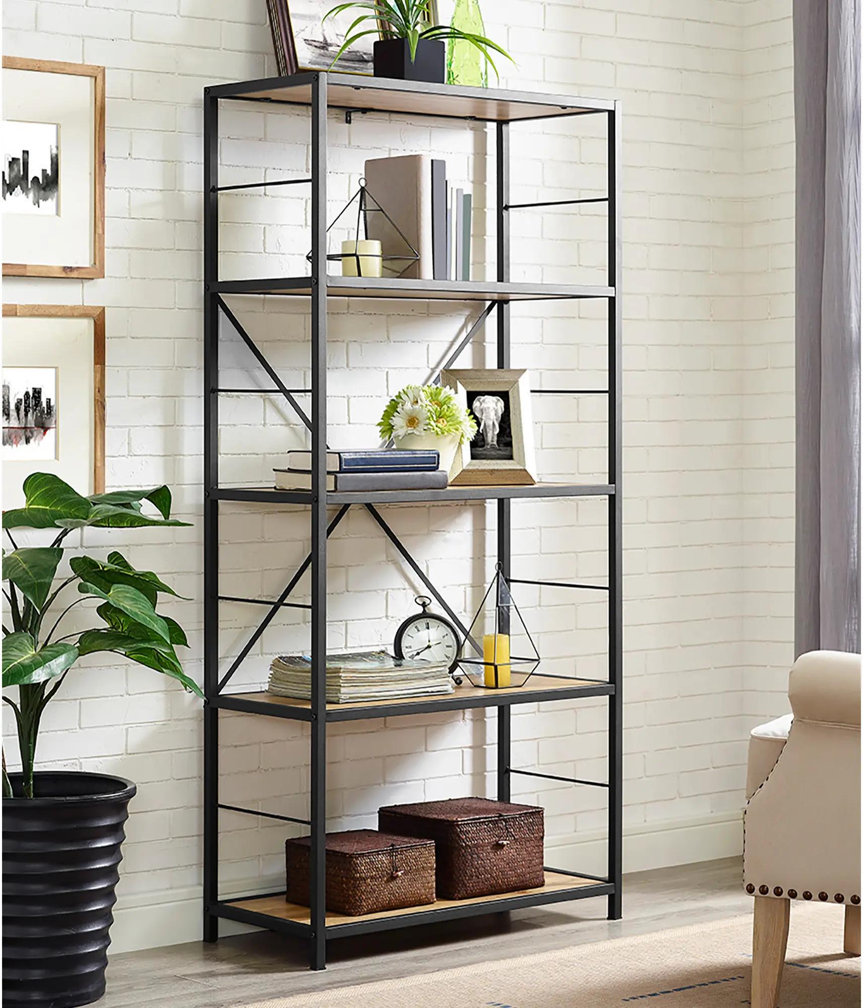 BS60RMWBW Barnwood Rustic Metal and Wood Media Bookshelf-1