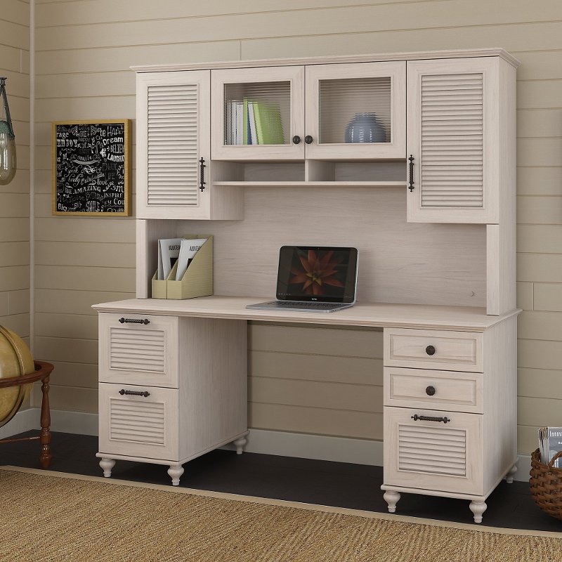 68 Inch Driftwood Dreams White Computer Desk With Hutch Volcano
