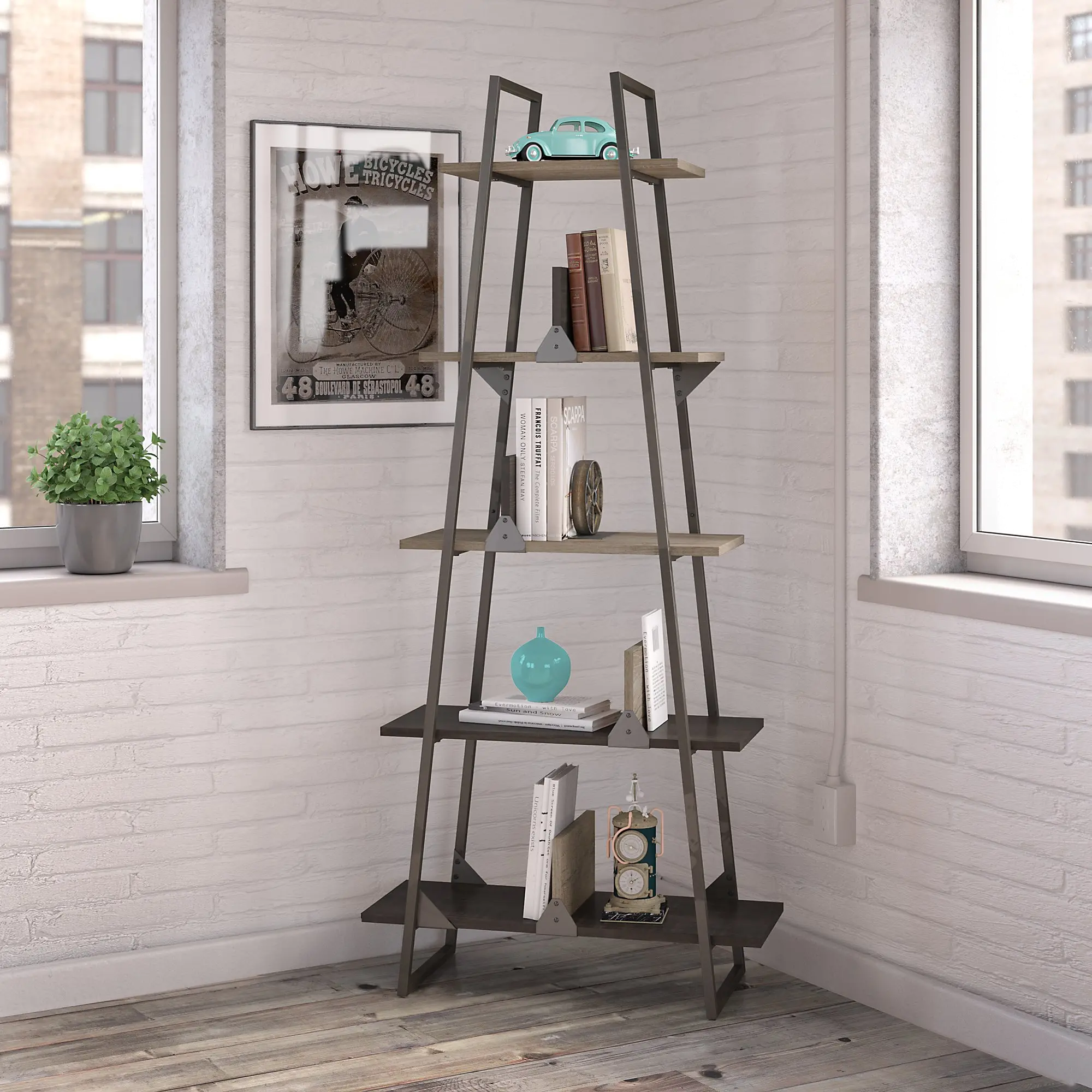 RFB132RG-03 Refinery Rustic Gray A-Frame Bookshelf-1