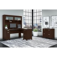 Mocha Cherry L-Desk, Hutch, and Lateral File Cabinet - Tuxedo
