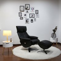 Black Top Grain Leather Swivel Recliner and Ottoman - Vienna