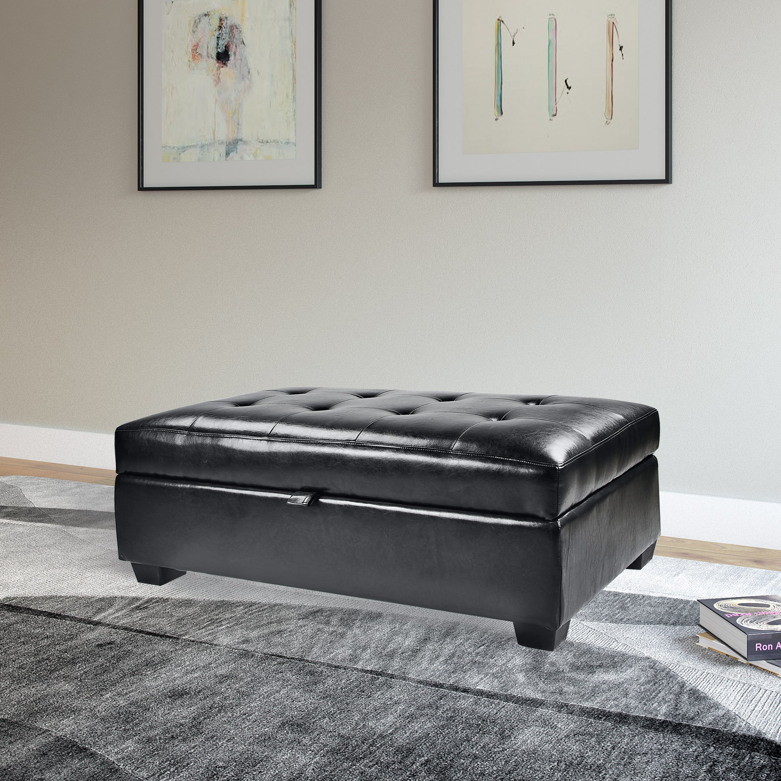 Black Bonded Leather Ottoman with Storage - Antonio-1