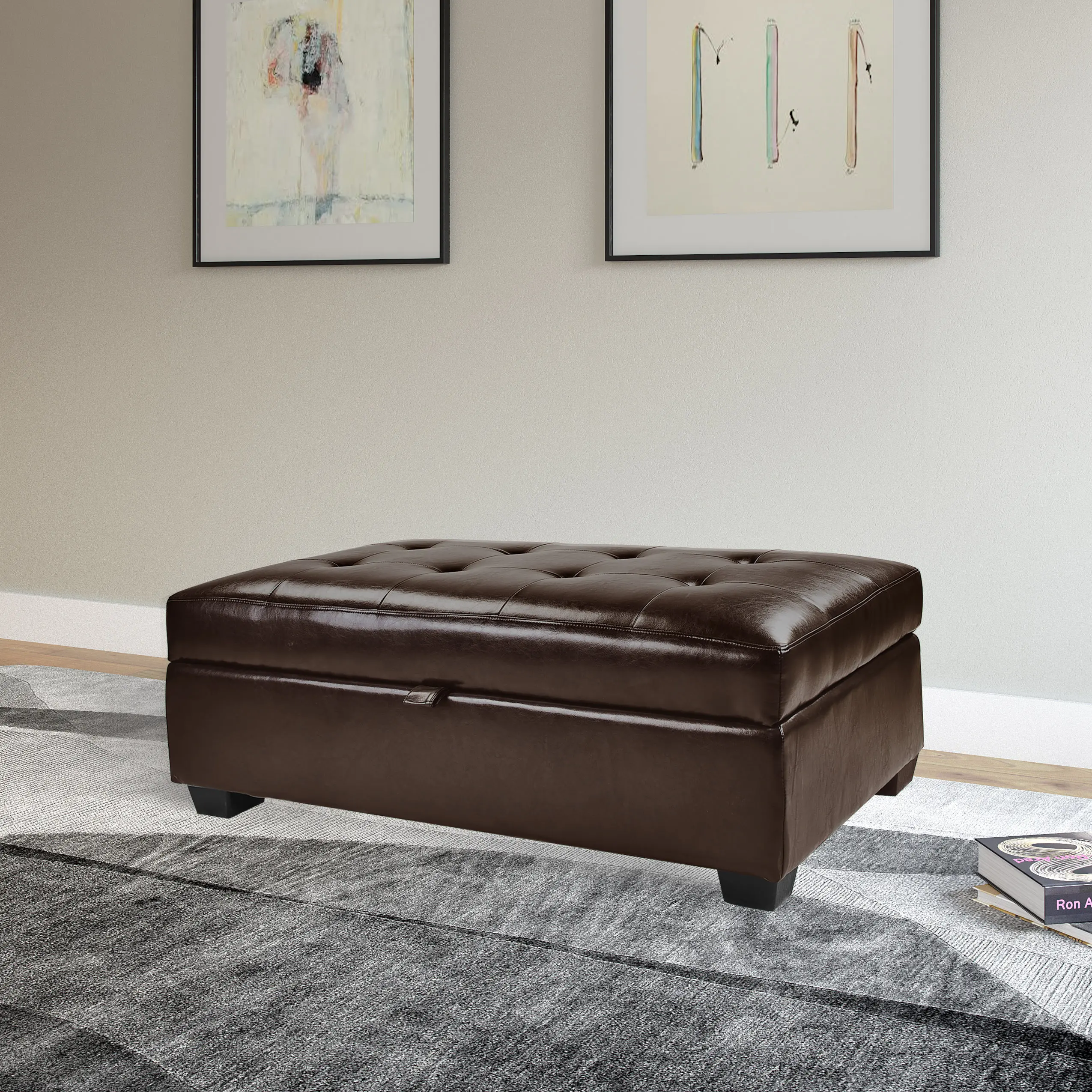 Brown Bonded Leather Ottoman with Storage - Antonio-1