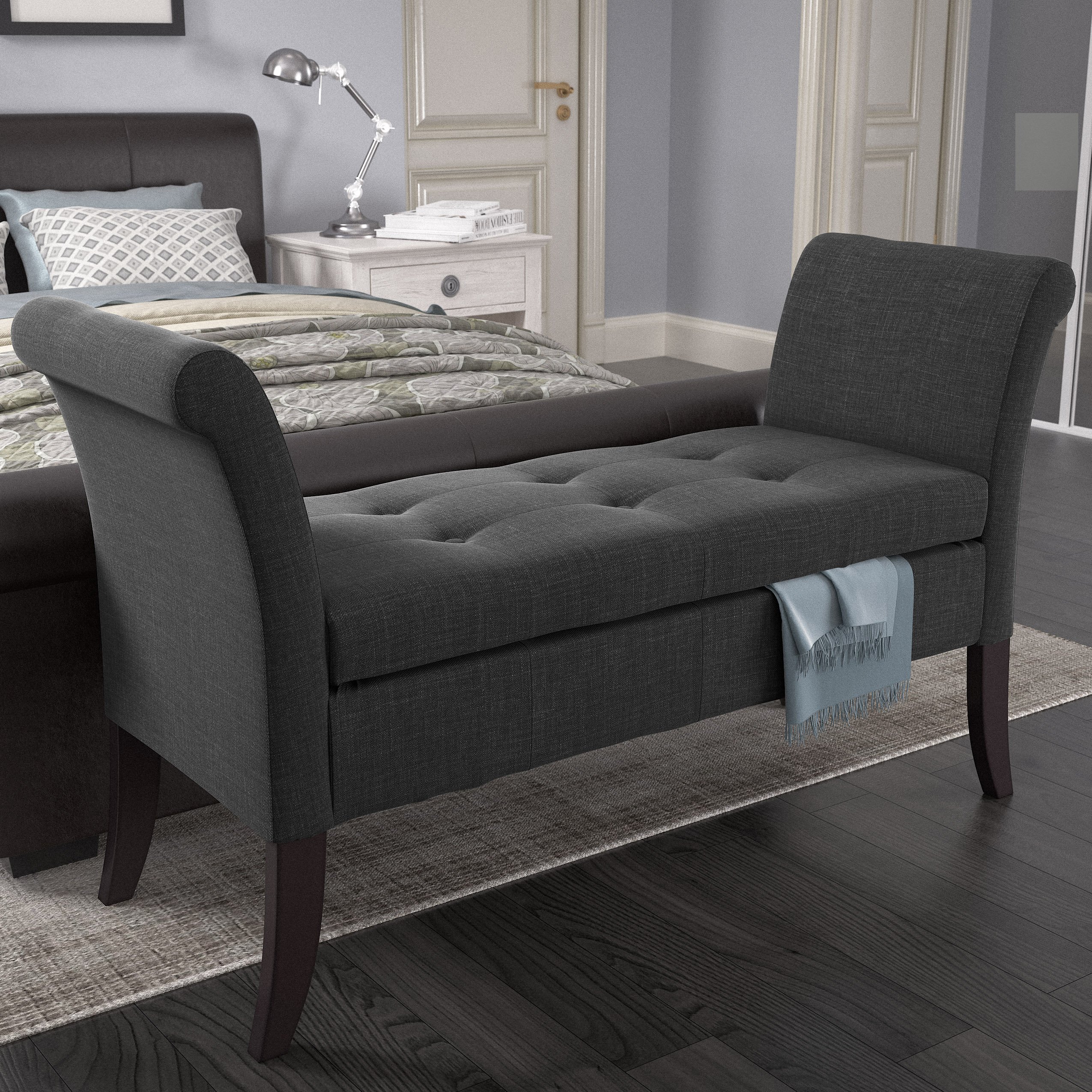 Dark Gray Scrolled Arm Storage Bench - Antonio-1
