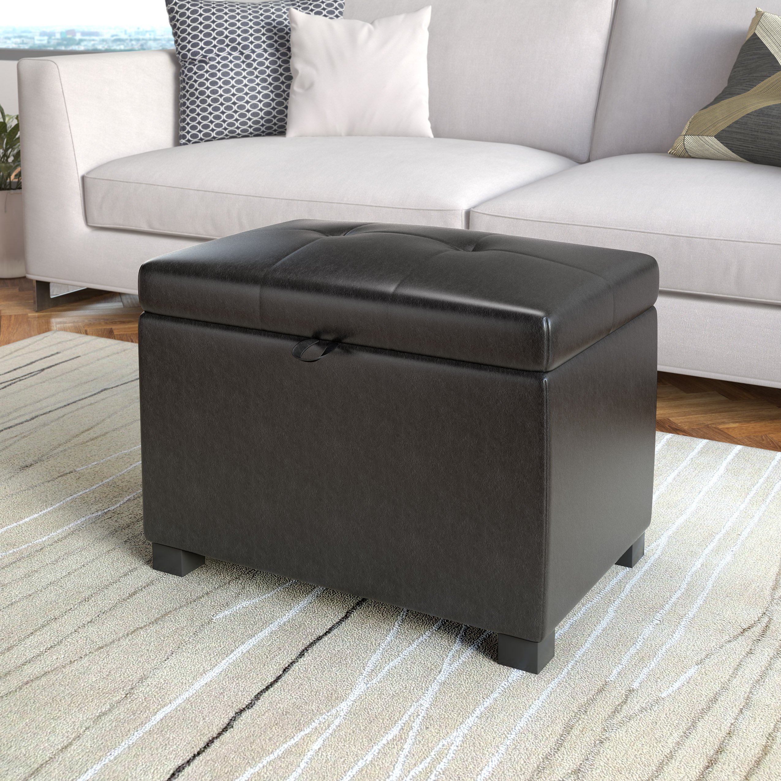 Black Bonded Leather Storage Ottoman - Antonio-1