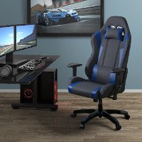 High-Back Ergonomic Gray and Blue Gaming Desk Chair - Workspace
