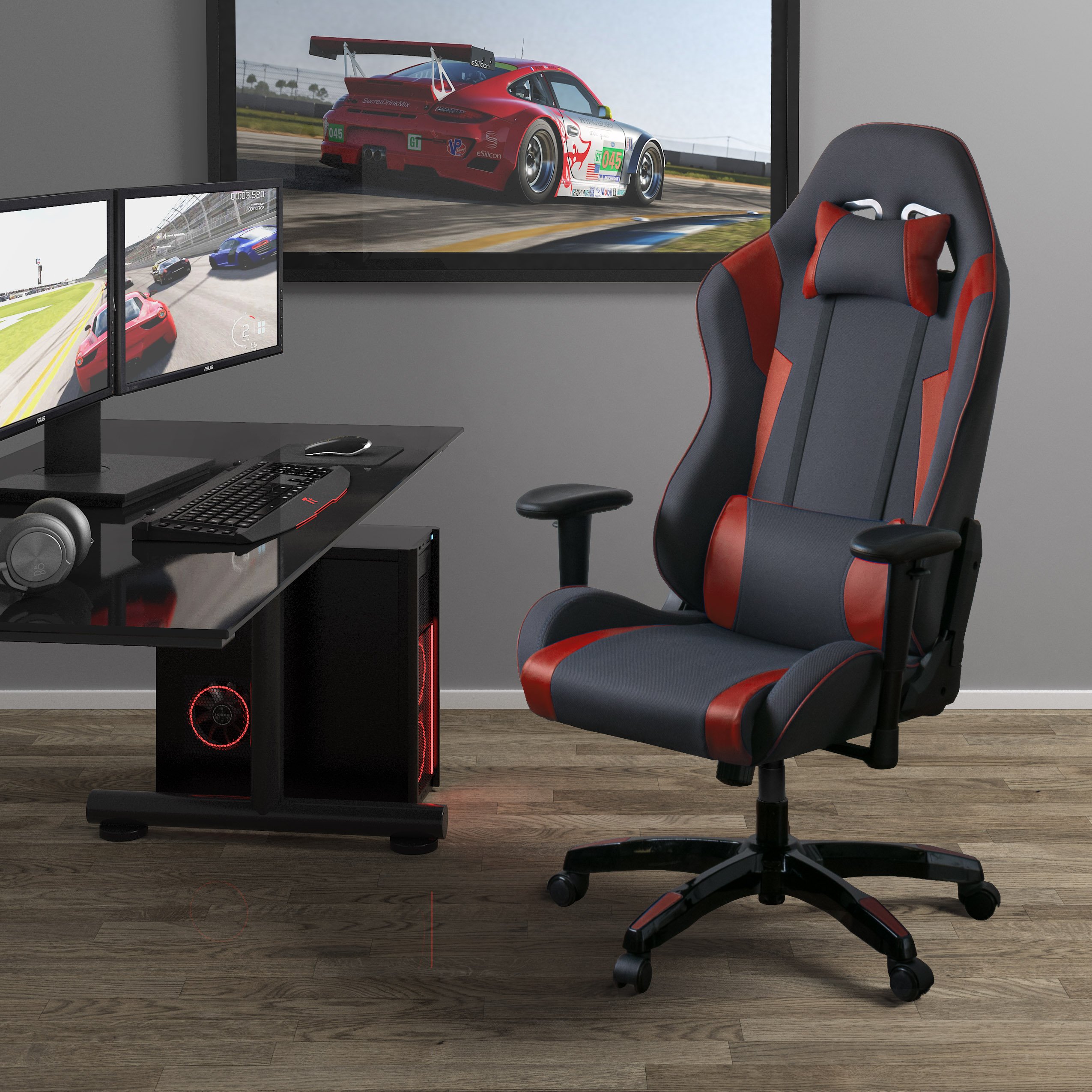 High-Back Ergonomic Gray and Red Gaming Desk Chair - Workspace-1