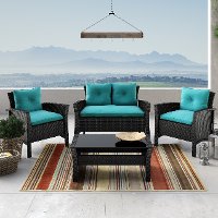 Black and Turquoise 4 Piece Wicker Furniture Set - Cascade