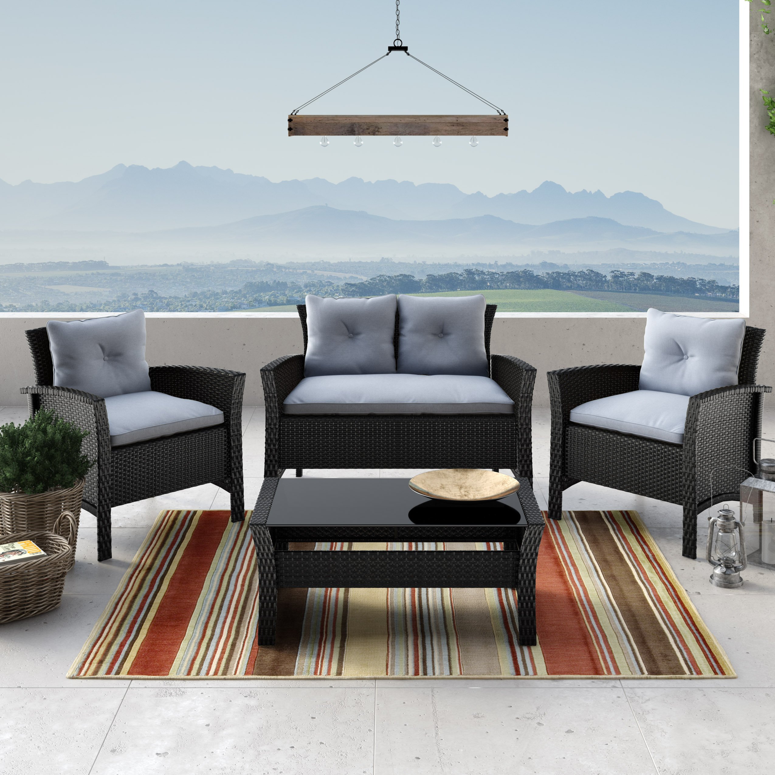 Black and Blue 4 Piece Wicker Furniture Set - Cascade-1