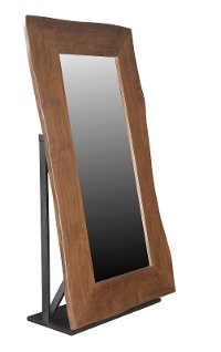 Honey Brown Wood Floor Mirror with Live Edge and Iron Base