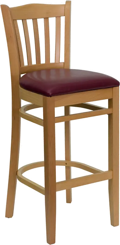 Natural and Burgundy Upholstered Commercial Bar Stool - Slatback-1
