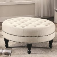 Traditional Oatmeal Linen Round Cocktail Ottoman - Accents