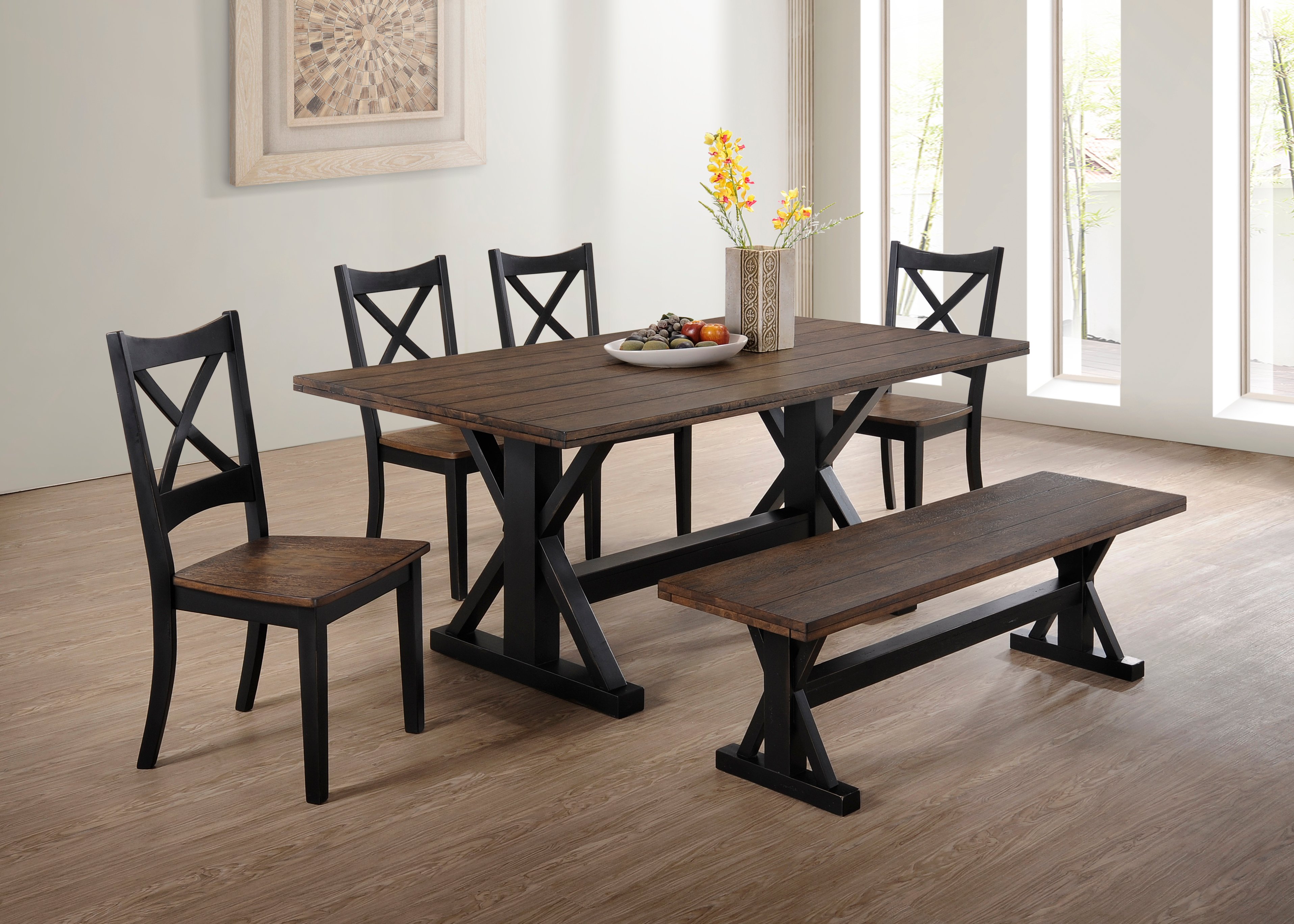 Brown and Black Farmhouse 6 Piece Dining Set with Bench - Lexington-1