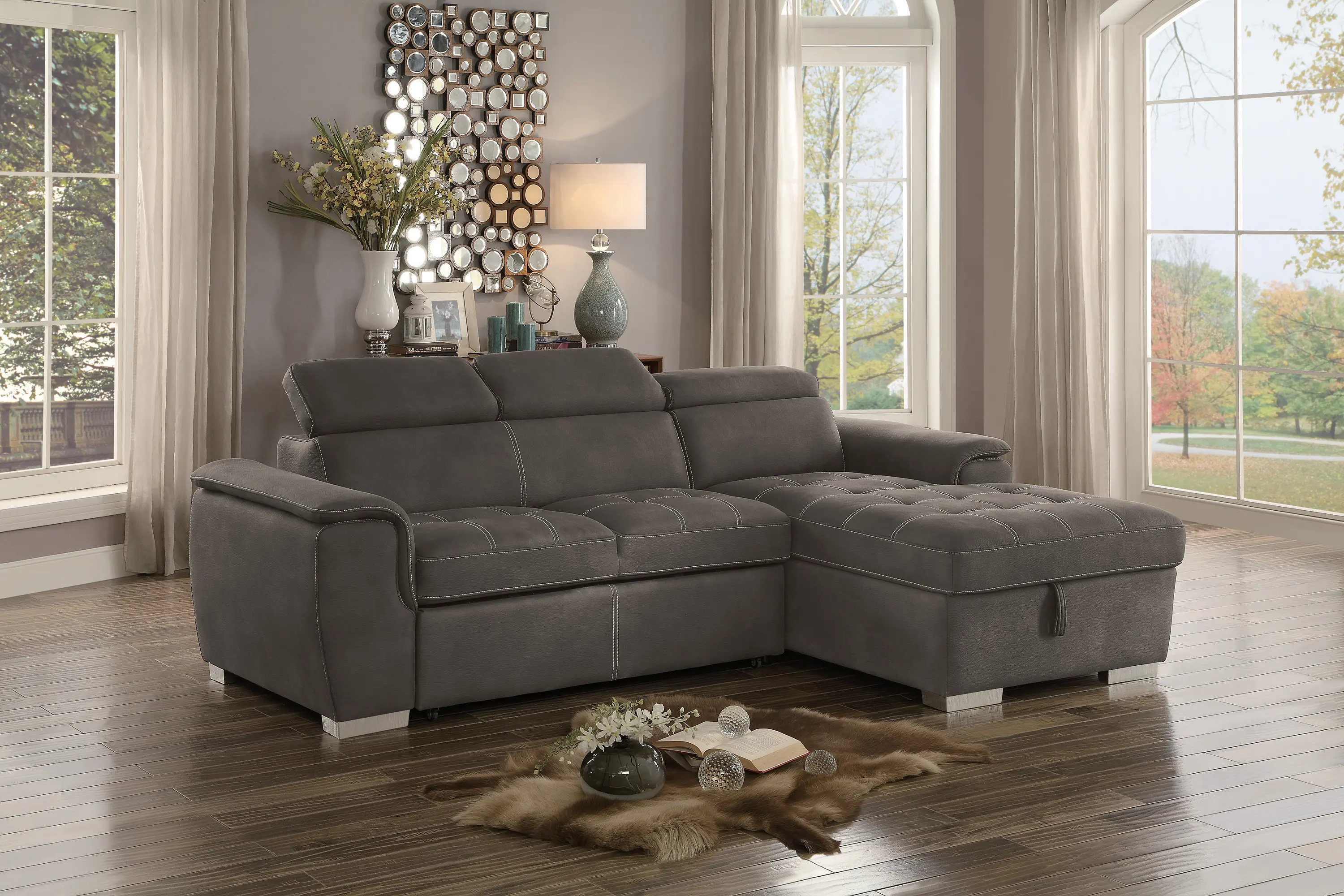 Ferriday Taupe Sectional Sofa with Pullout Sofa Bed and Right-Side Storage Chaise-1