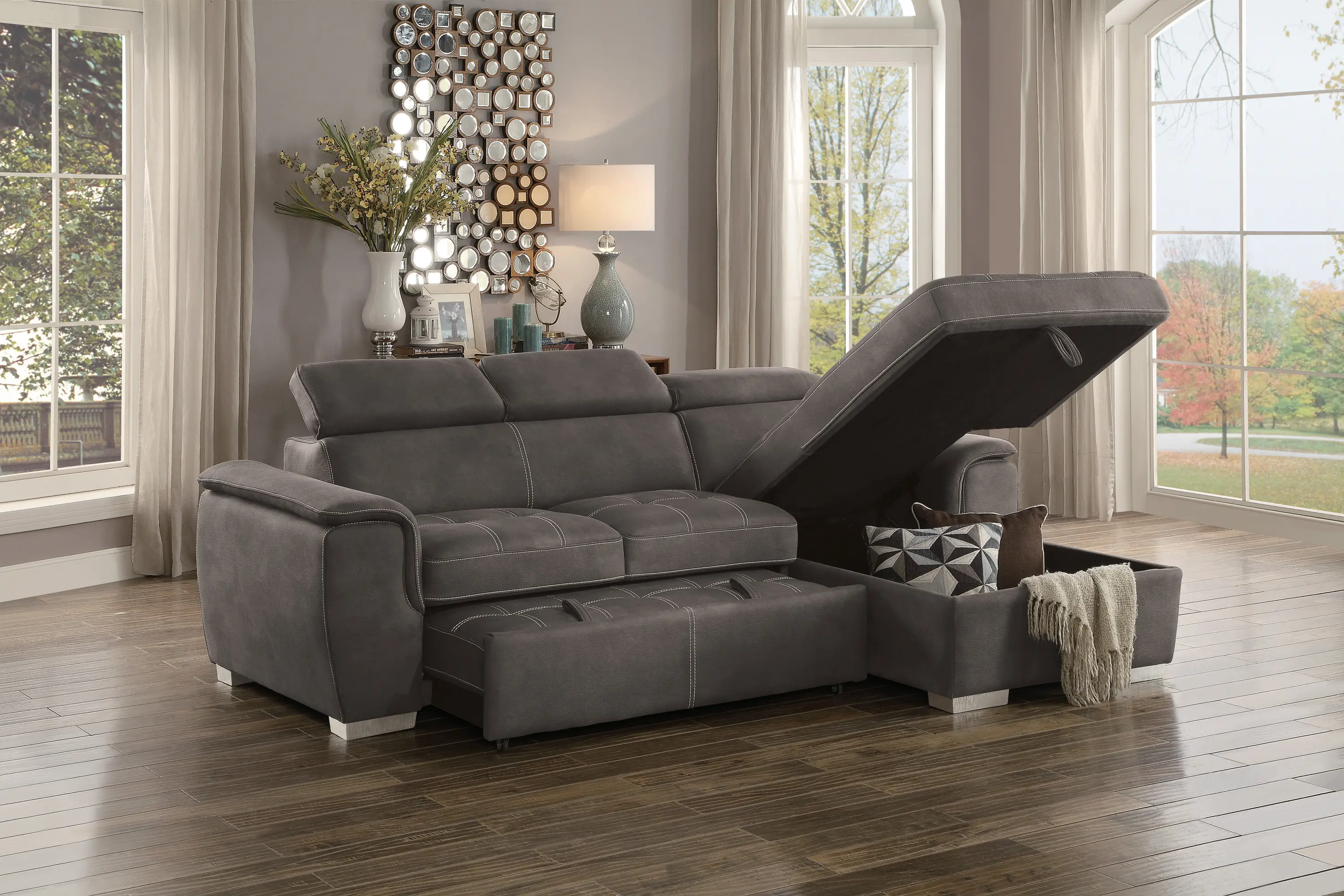 Ferriday Taupe Sectional Sofa with Pullout Sofa Bed and Right-Side Storage Chaise-2