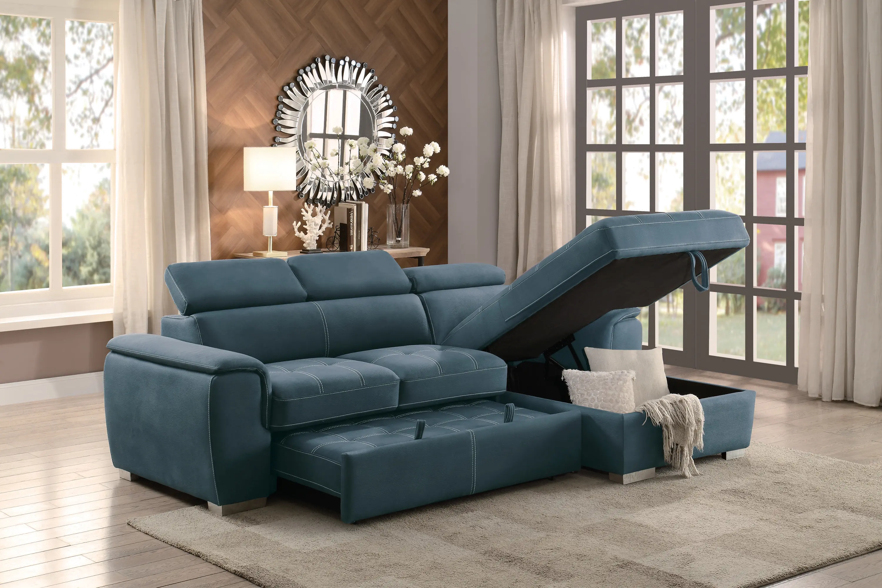 Ferriday Blue Sectional Sofa with Pullout Sofa Bed and Right-Side Storage Chaise-2
