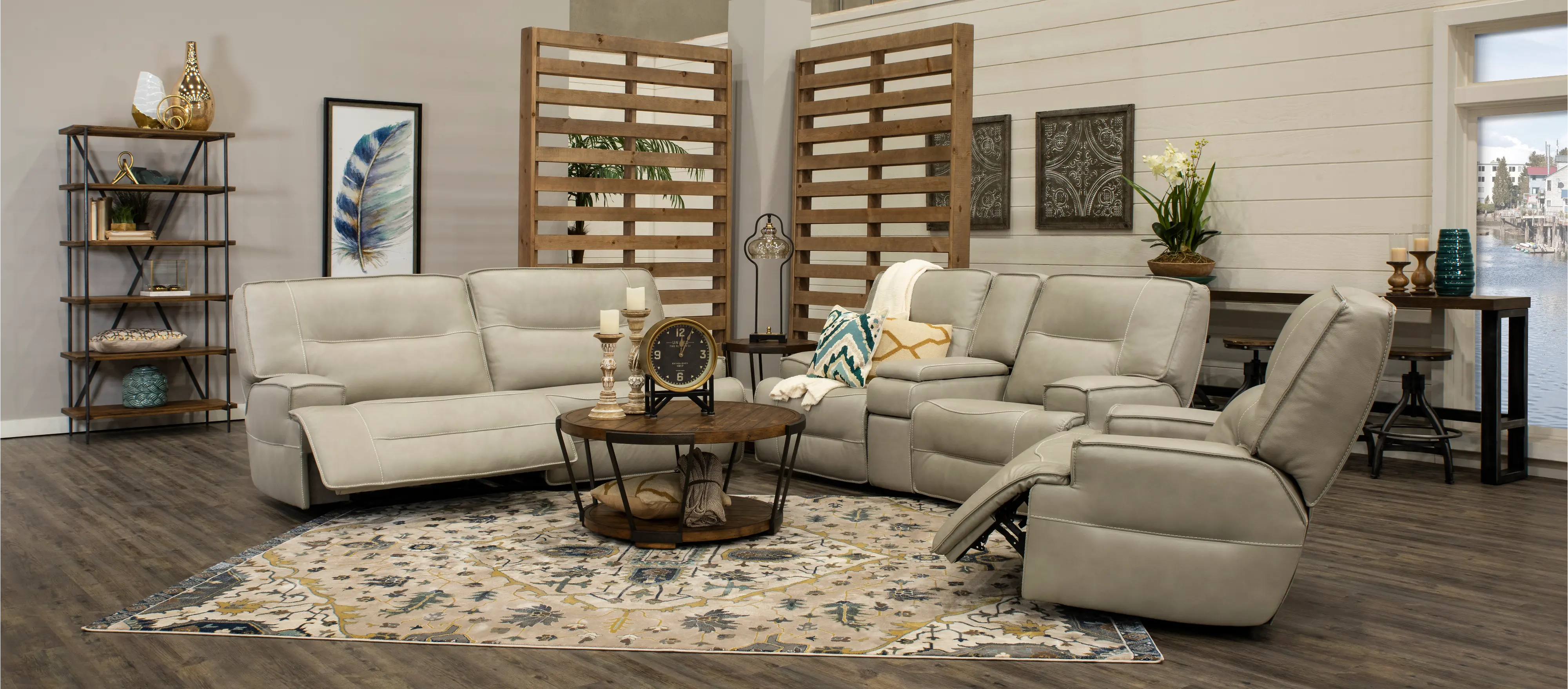 Rockies Beige Leather-Match Power Reclining Sofa-4
