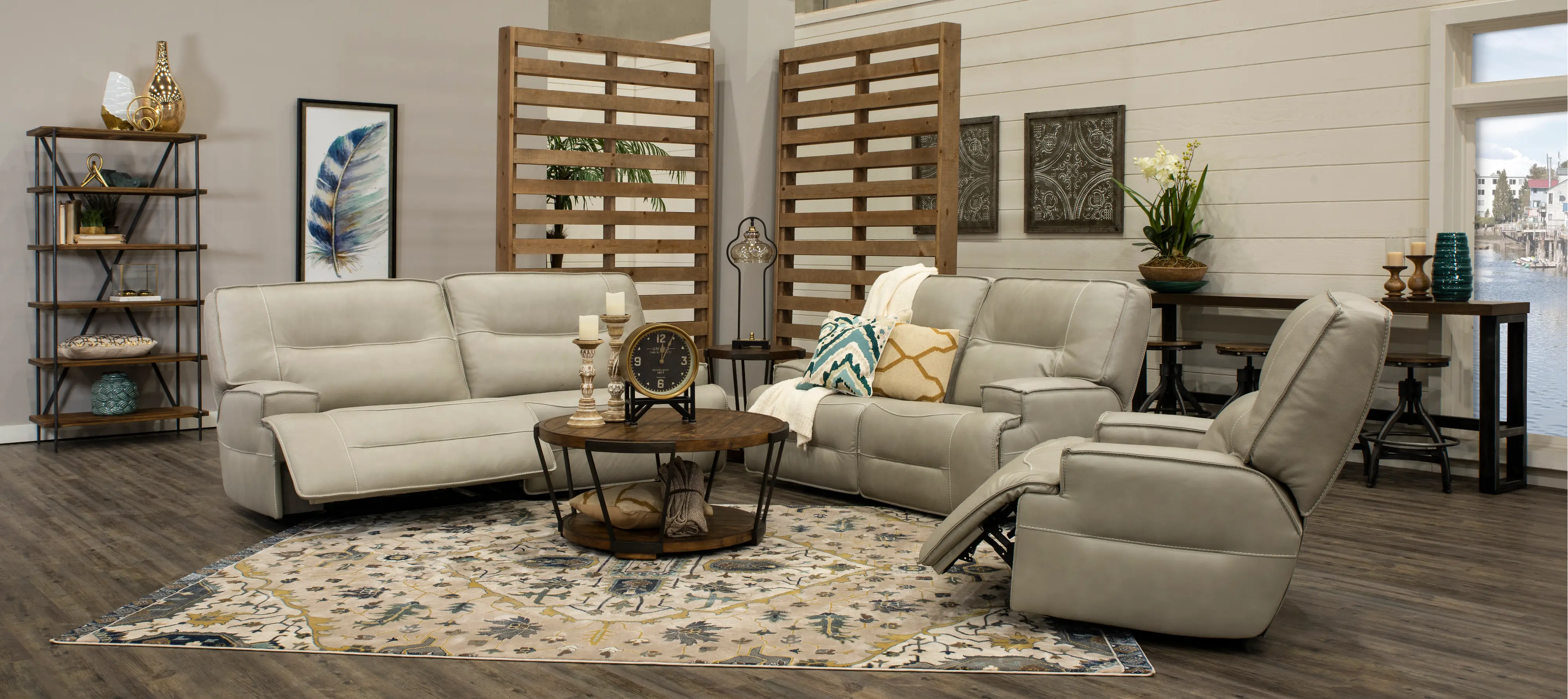 Rockies Beige Leather-Match Power Reclining Sofa-5