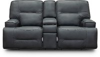 Luxe Sky Gray Leather-Match Power Reclining Loveseat with Console - Rockies