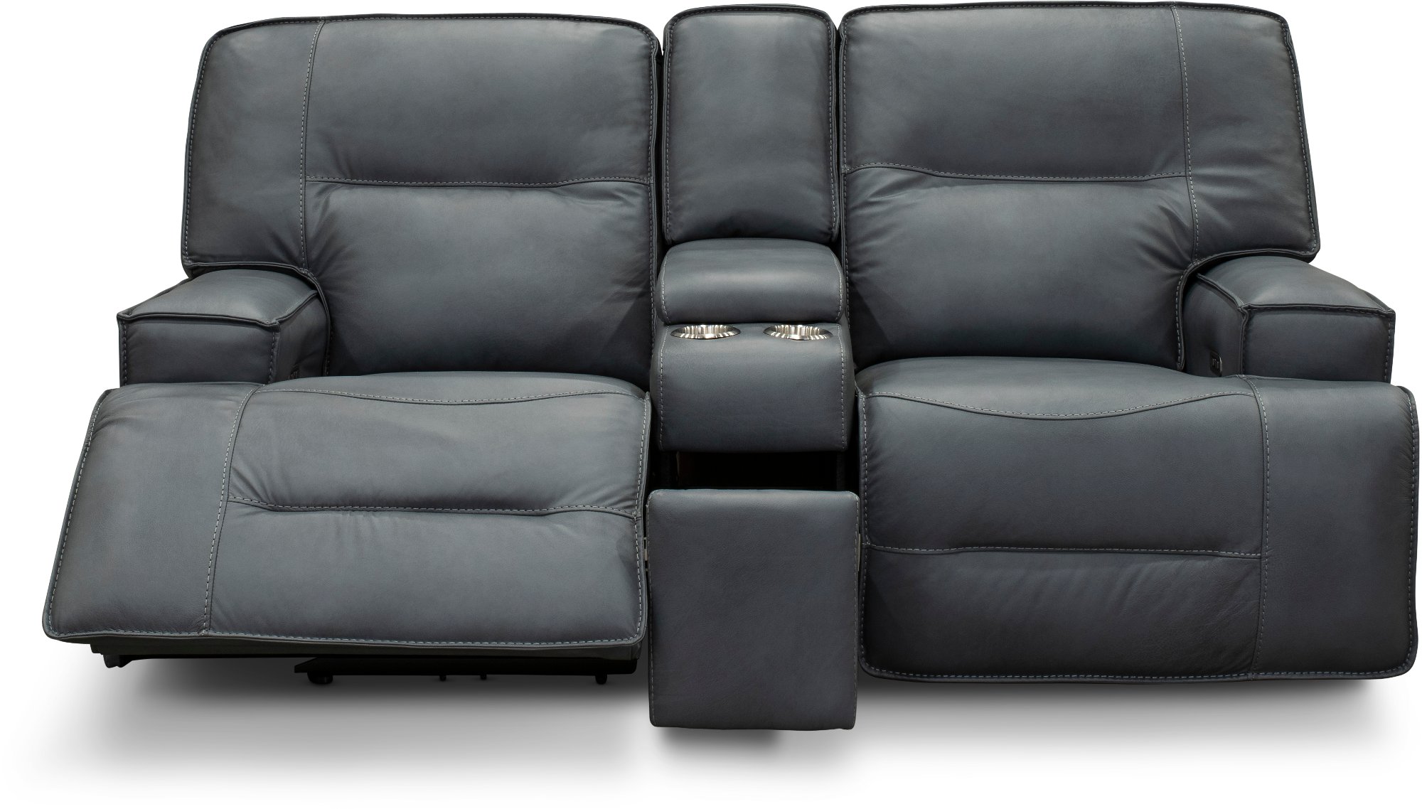 Luxe Sky Gray Leather-Match Power Reclining Loveseat with Console - Rockies-2