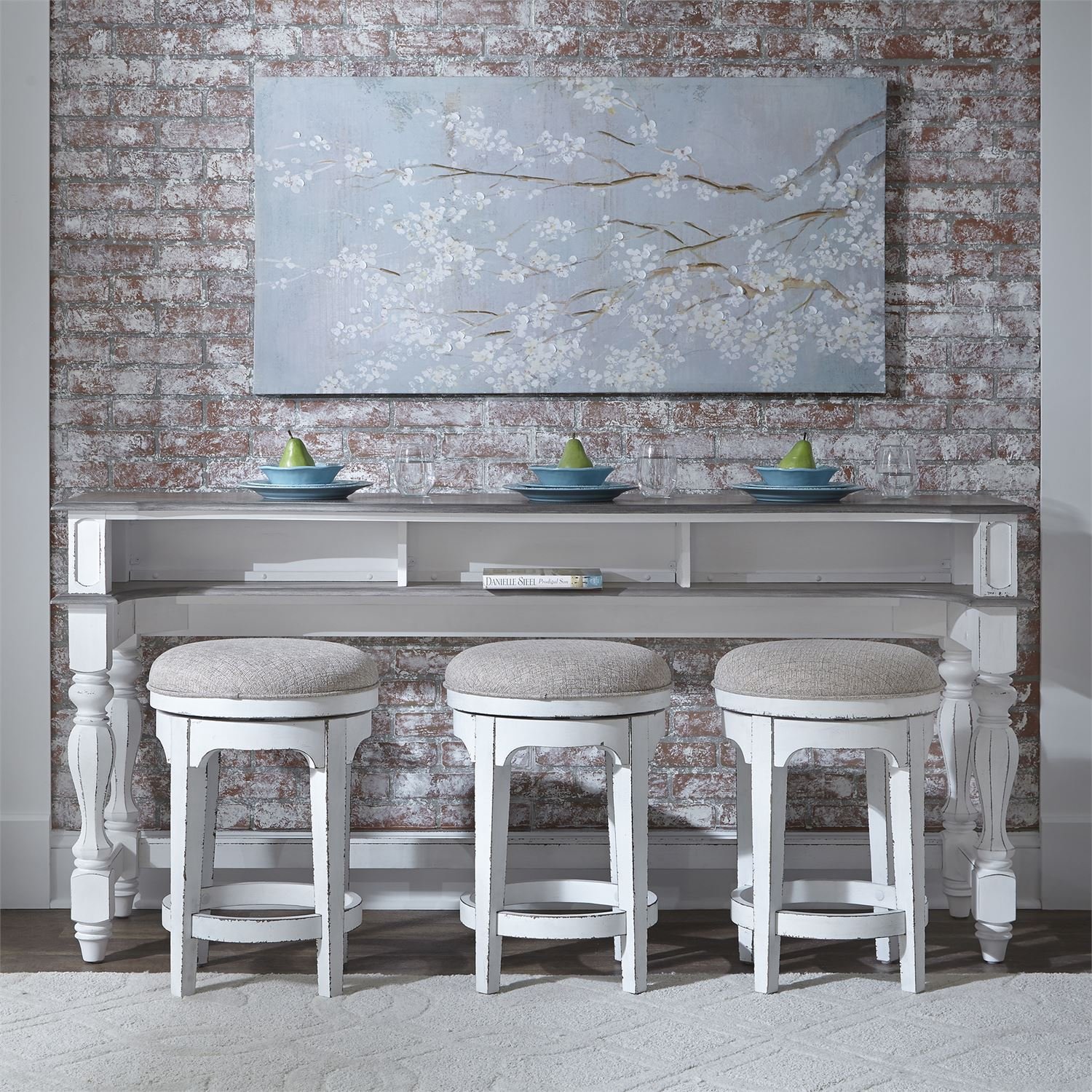 Magnolia Manor Antique White Console Bar Table and Stools-2