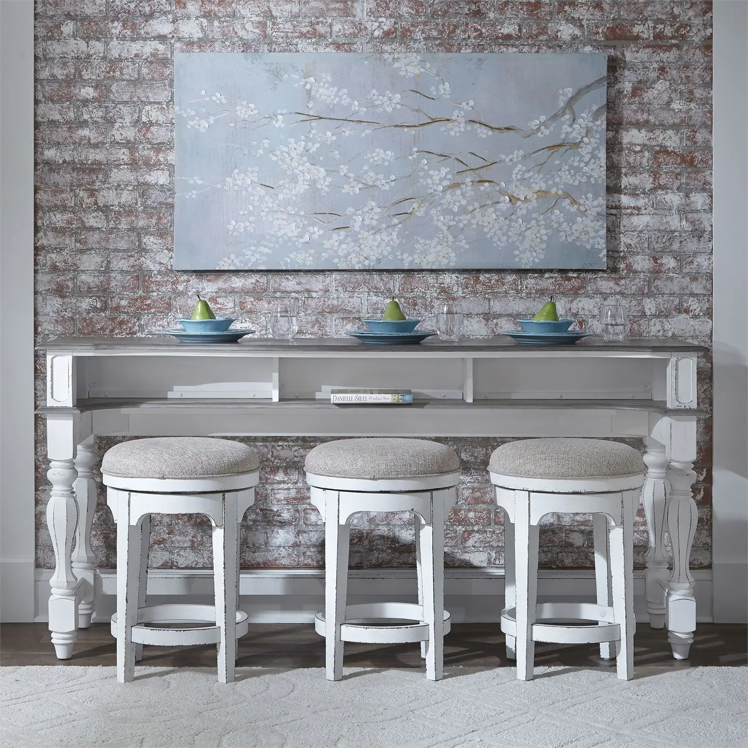 Magnolia Manor Antique White Console Bar Table and Stools-2