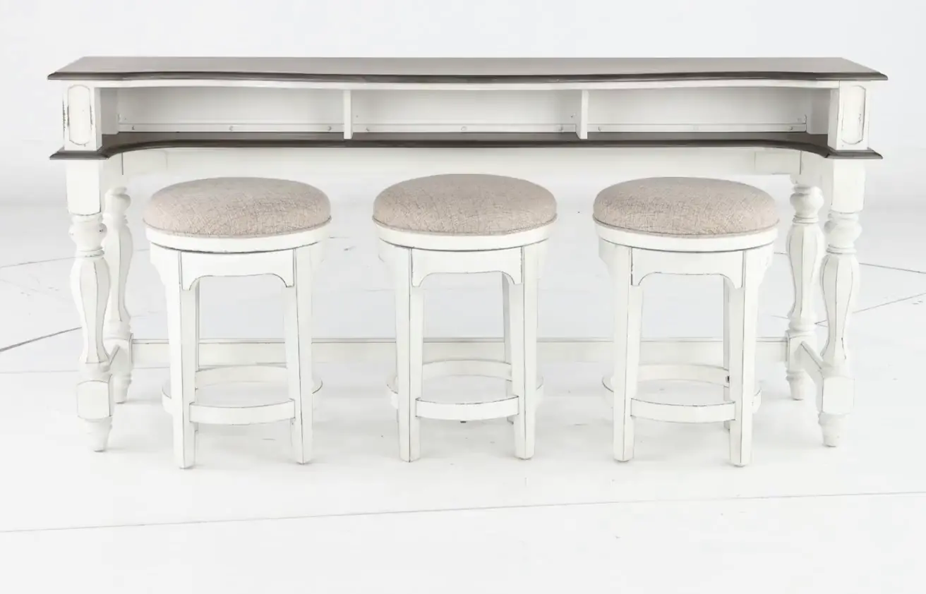 Magnolia Manor Antique White Console Bar Table and Stools-5