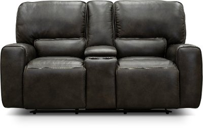 Charcoal Gray Leather-Match Power Reclining Loveseat with Console - Madrid
