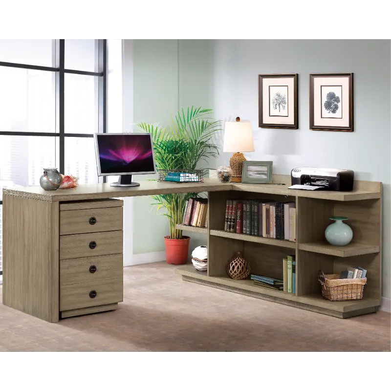 Perspectives Weathered Brown L-Shaped Desk with Filing Cabinet