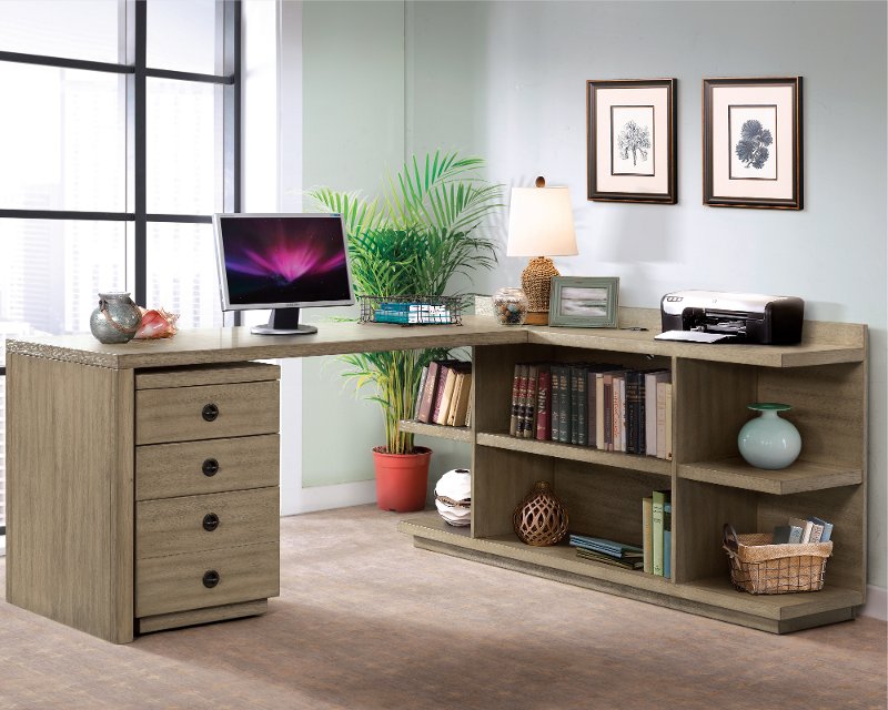 Weathered Brown L Shaped Desk With Filing Cabinet Perspectives