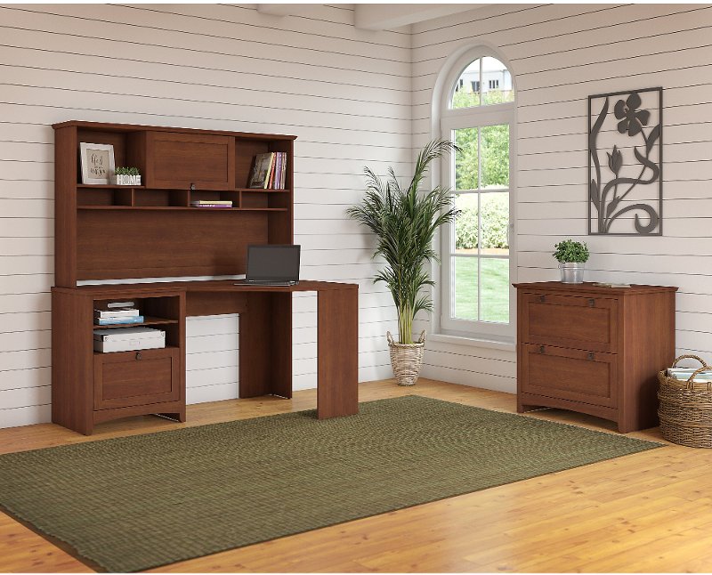 Light Cherry Corner Desk With Hutch And Lateral File Cabinet Buena Vista