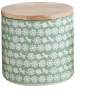 Mint Green Stoneware Canister With Bamboo Lid And Flower Pattern