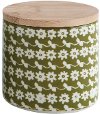Green Stoneware Canister With Bamboo Lid And Flower Pattern