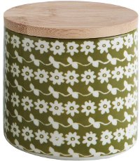 Green Stoneware Canister With Bamboo Lid And Flower Pattern
