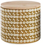 Gold Stoneware Canister With Bamboo Lid And Flower Pattern