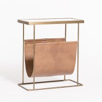 Brass and Marble Magazine Side Table with Tan Leather Pouch-2