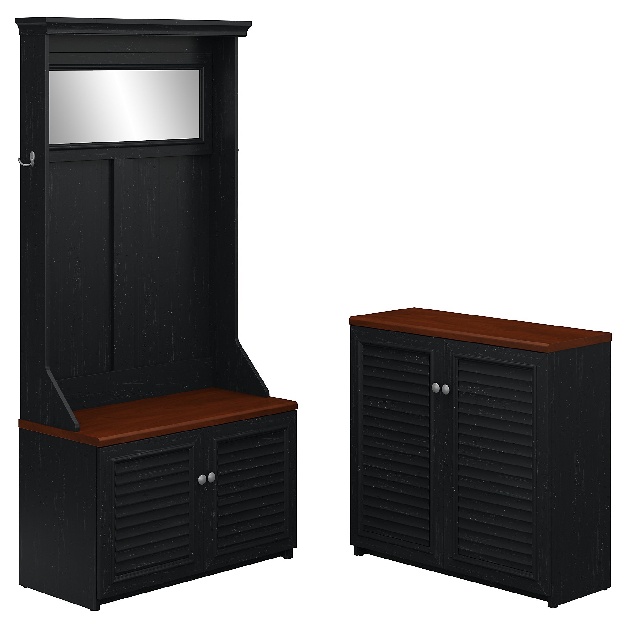 Fairview Antique Black and Cherry Hall Tree and Cabinet Set-2