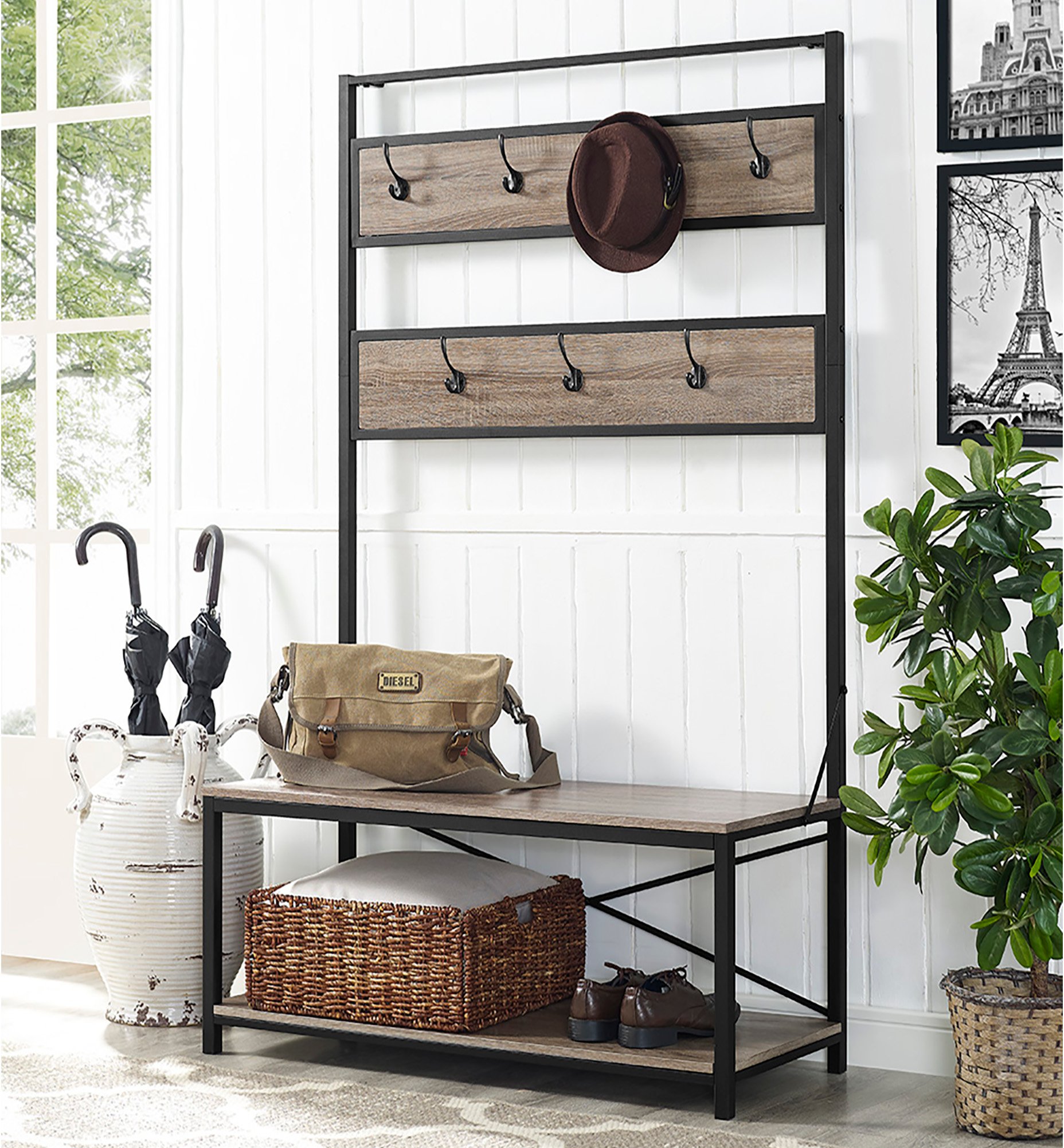 HT72MWAG 72 Inch Industrial Metal and Driftwood Hall Tree-1