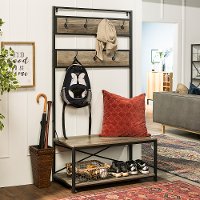 Industrial 72 Inch Metal and Gray Wash Wooden Hall Tree
