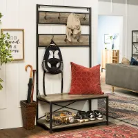 HT72MWGW Industrial 72 Inch Metal and Gray Wash Wooden Hall Tree