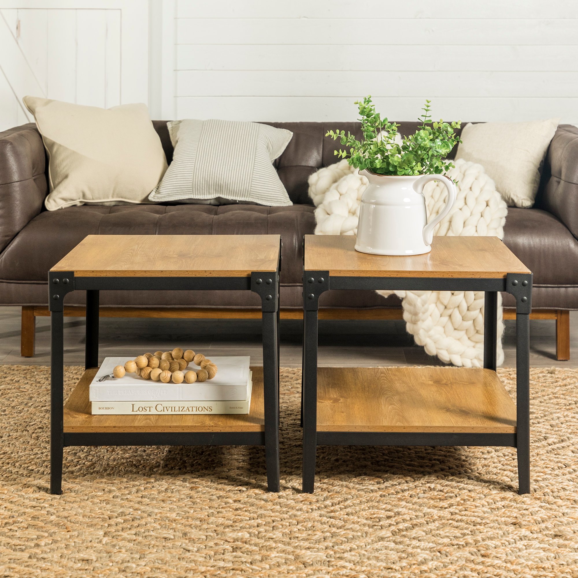 C20AISTBW Set of 2 Barnwood Angle Iron Rustic Wood End Tables-1