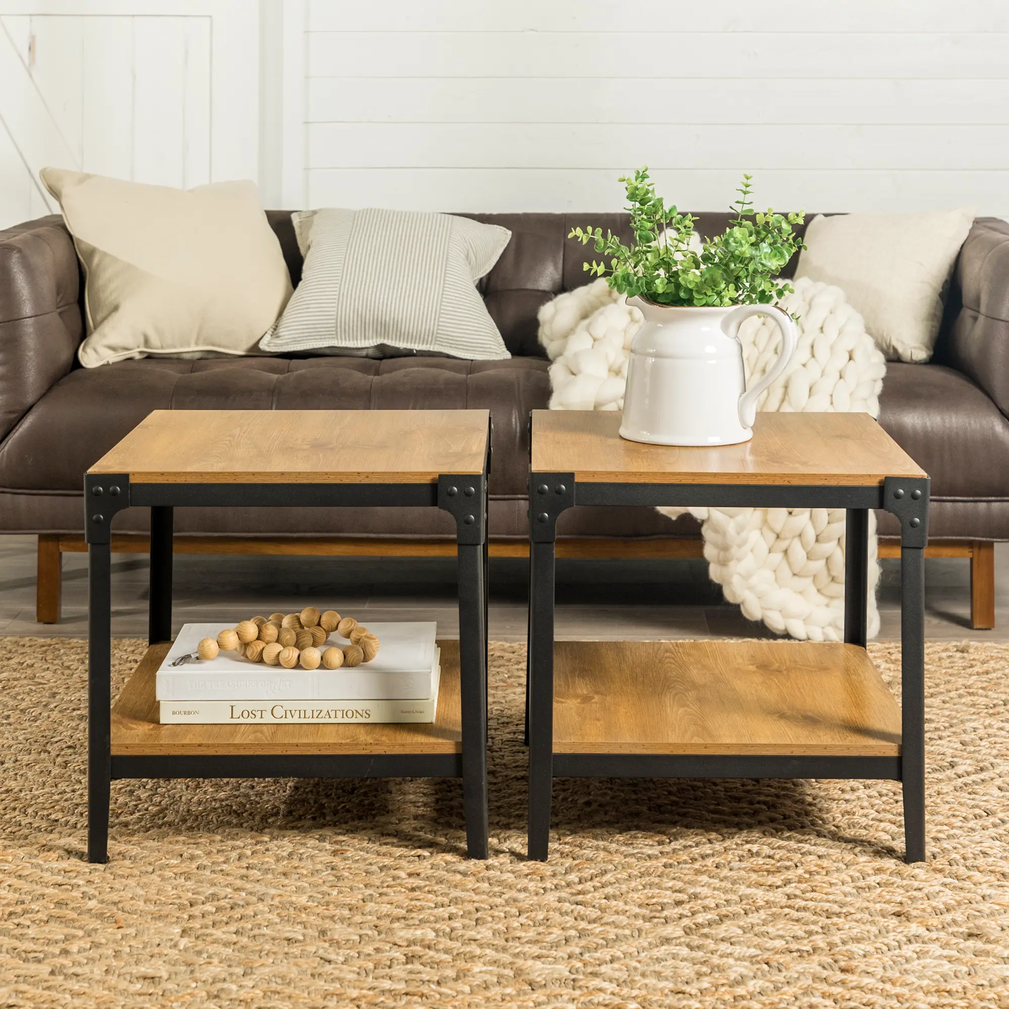 C20AISTBW Set of 2 Barnwood Angle Iron Rustic Wood End Tables-1